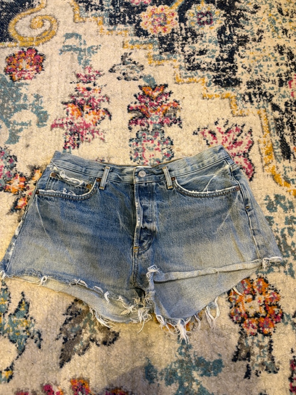 Agolde Light Blue Distressed Denim Shorts